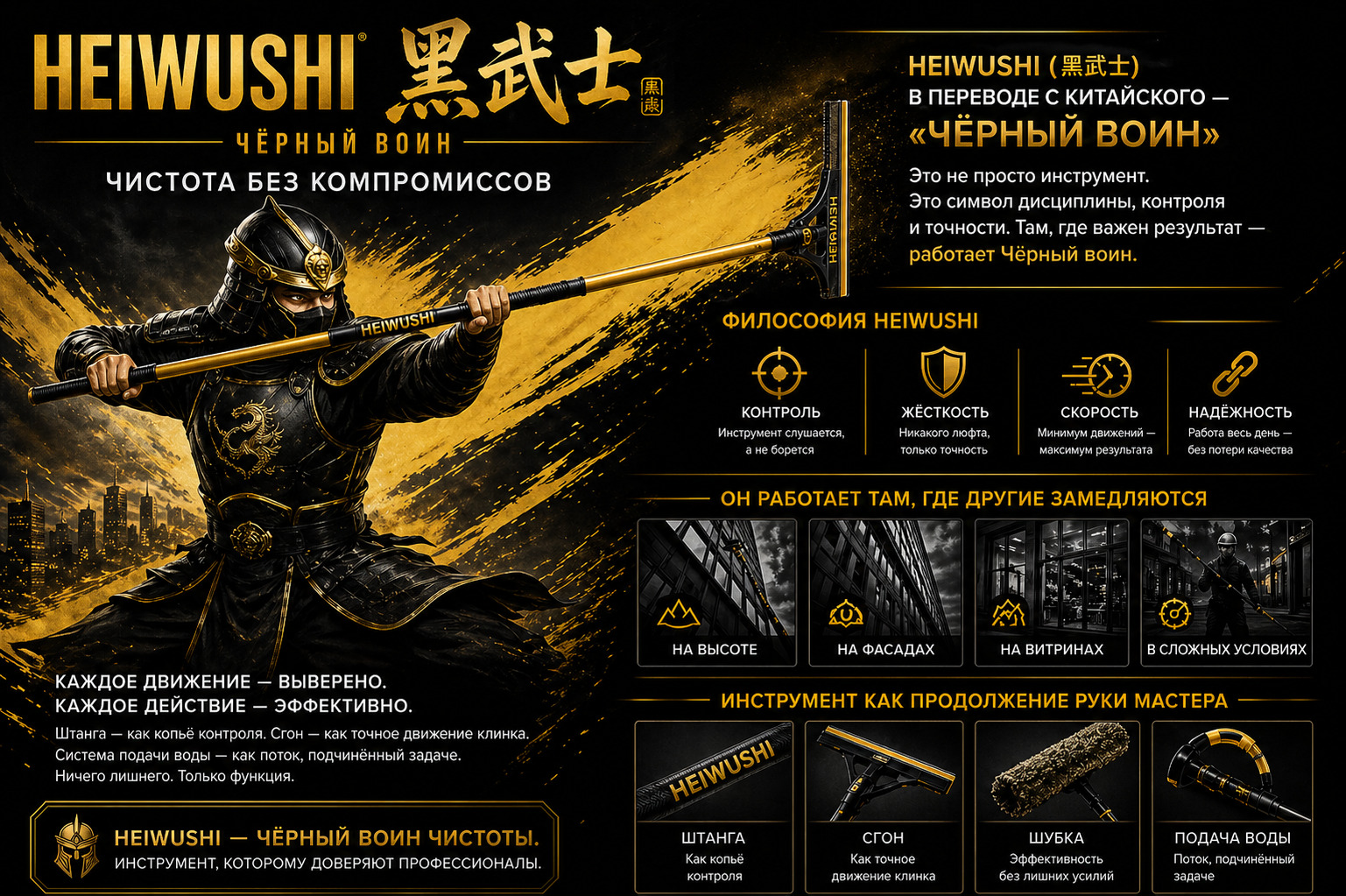 HEIWUSHI Черный воин — история бренда профессионального инструмента для мойки окон
